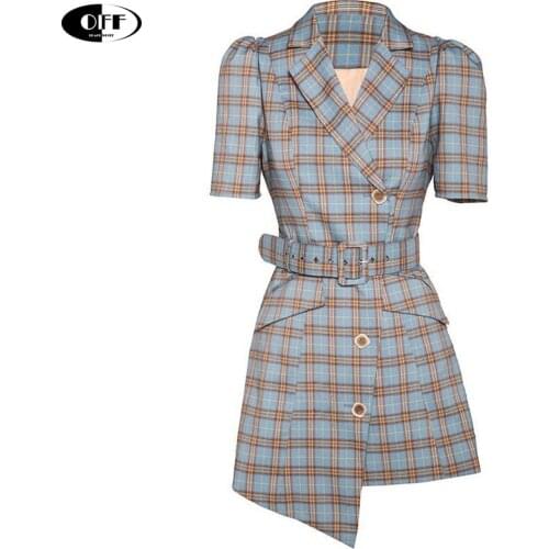 Summer woman mini dress plaid short sleeve elegant lady office work OL Single-breasted belt women short dresses for women vestid