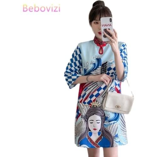 2021 Plus Size 3XL 4XL Party Casual Blue Qipao Traditional Chinese Clothing Vintage Modern Improved Cheongsam Dress for Women