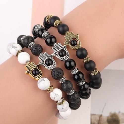 Drop Shipping Nature 8mm Black Lava Energy Stone Beads Bracelet Gold Hamsa Hand Charm Bracelet Yoga Mala Bracelets For Man