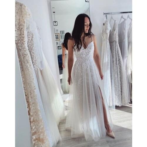 Sexy High Split Boho Wedding Dresses Spaghetti Straps Appliques Lace Floor Length Bridal Gowns Vestido De Noiva Customized