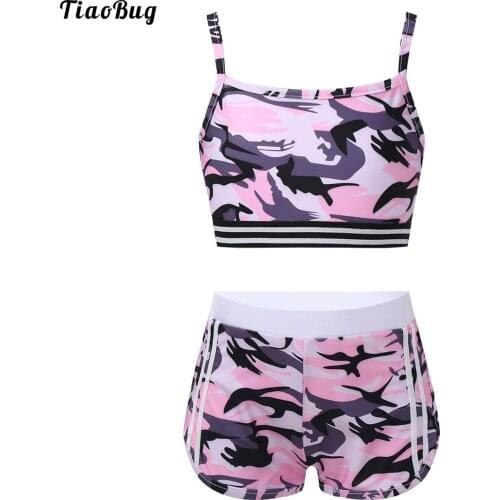 Summer Camouflage Kids Girls Tankini Activewear Outfit Sleeveless Crop Top With Bottoms Tracksuit Set For Gymnastics Fitness