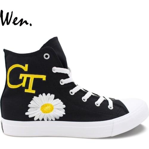 Wen Black Shoes Design Hand Painted Georgia Tech Wasp Bee Flower High Top Canvas Sneakers Women Men Athletic Skateboard Shoes