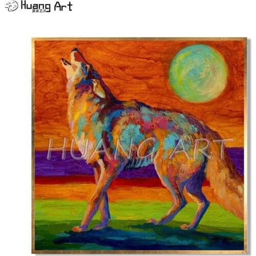 Howling Wolf in full-moon Night Painting Handmade Modern Animal Oil Painting on Canvas for Wall Decor Colorful Wolf Painting