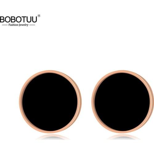 BOBOTUU Stainless Steel Wedding Earrings Simple Rose Gold Color Black Circle Stud Earrings Geometric Jewelry For Women BE17027