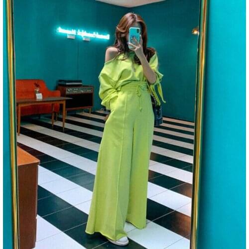 2020 Spring Women Casual Off Shoulder Tops Suits Ladies Korean Style Tracksuit Loose High Waist Solid Color Jumpsuit