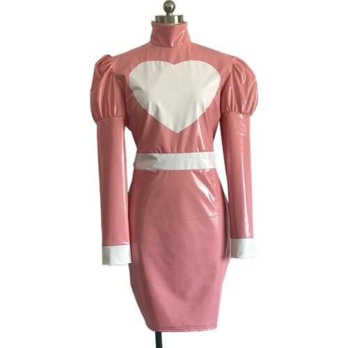 Plus Size 6XL High Neck Gothic Dress Puff Long Sleeve Ladies Glossy PVC Bodycon Vestido Vintage Maid Queen Cosplay Fancy Dresses