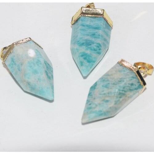 Gold Bezel Natural Amazonite Bullet Stone Healing Pendant femme 2020 Big Light Green stripe Chakra gem point pendant for women