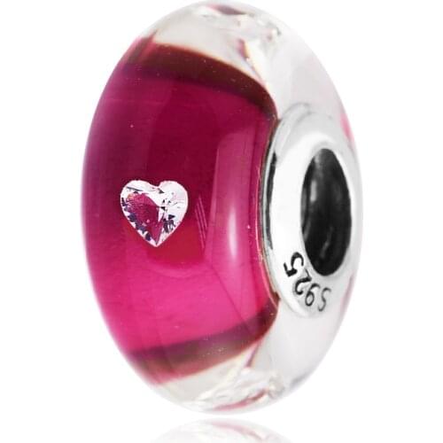 CKK Genuine 925 Sterling Silver Cerise Heart Glass Charms Beads For Jewelry Making Fits Europe Charm Bracelets Bijoux