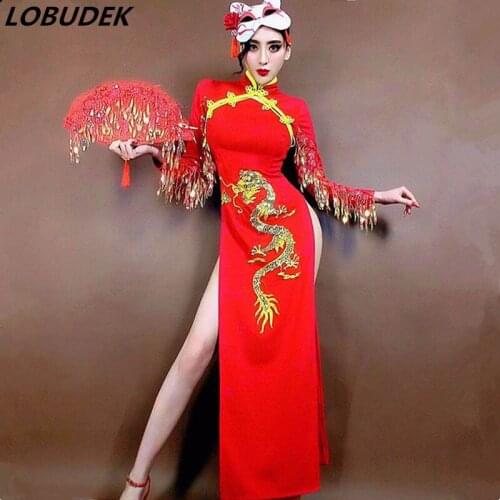 Vintage Red Embroidery Cheongsam Nightclub Stage Wear Dragon Pattern Sequins Fringes Slit Long Dress Singer Dancer Show Costume