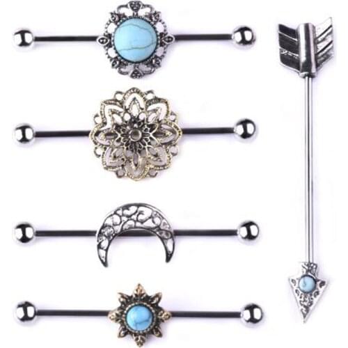 Retro long ear bone needle sun moon ear bone nail industrial ear nail puncture earring body jewelry