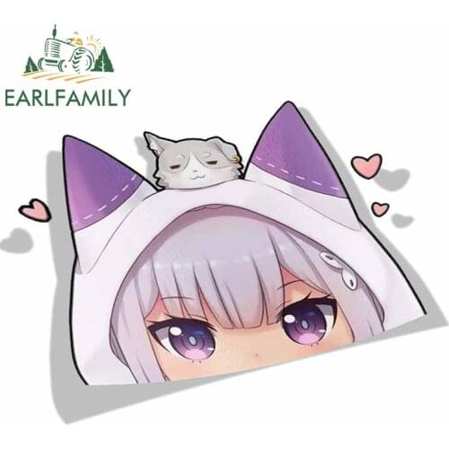 EARLFAMILY Cartoon Car Sticker for Emilia Re Zero Peeker Big Head Anime Vinyl JDM Window Trunk Laptop Wall Decal Car Accessories