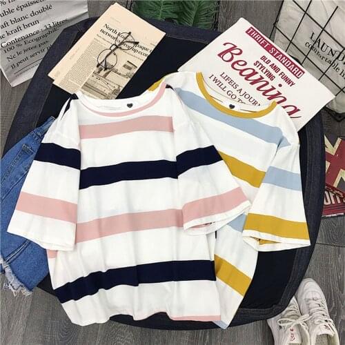Summer Women Striped T-Shirt 2021 New Fashion Ladies Round Collar Short Sleeve Tee Tops Korean Casual Loose Oversized Tshits