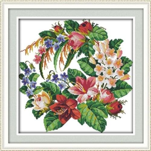 Wreath (3) cross stitch kit flowers DMC color thread 14ct 11ct count print canvas stitches embroidery handmade