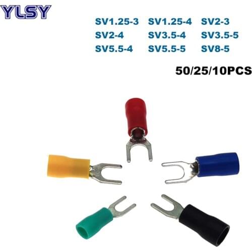 50/25/10pcs Spade Insulated Furcate Crimp Terminals Electric Wire Connector SV1.25~SV8 Lug Cable Ferrules 22-8AWG 0.5-10mm2