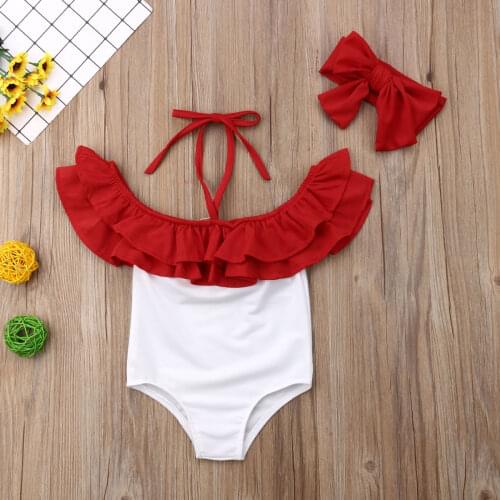 1-5T Summer Toddler Girl Swimsuit Ruffled Collar Red White Patchwork Bikini Halter Swimsuit With Headband Bikini
