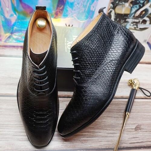 Luxury Brand Mens Boots Genuine Leather Ankle Boots High Quality Handmade Python Prints Men Dress Shoes Black Brown Basic Boots