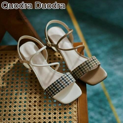 New summer Sandals women shoes open toe chunky thick high heels chunky Ladies Female plaid buckle fashion career Big Size 33-43