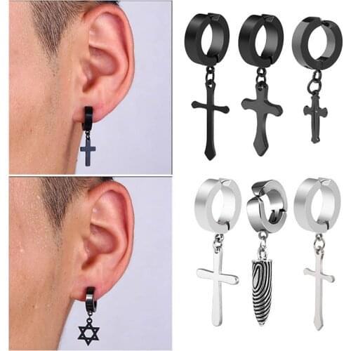 2pcs Punk Stainless Steel Cross Stars Pendant Ear Clip No Piercing Earrings For Women Hiphop Fashion No ear hole Men Jewelry