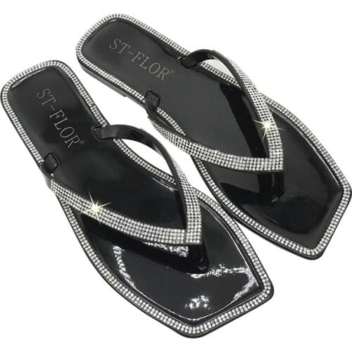 Womens Pvc Jelly Flip-flops 2021 Summer New Color Diamond Square Head Flat Crystal Jelly Flip-flops Womens Outer Wear Slippers