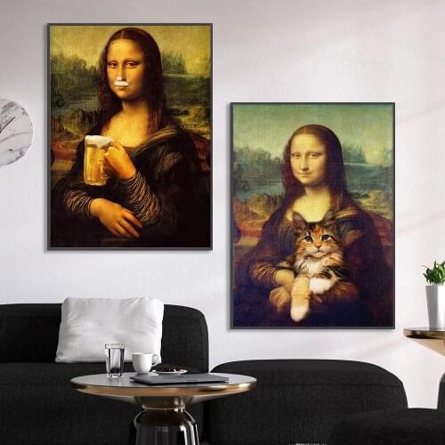 Funny Mona Lisa with beer Art Canvas Paintings on The Wall Creativity Art Posters and Prints Pictures For Living Room Home Decor