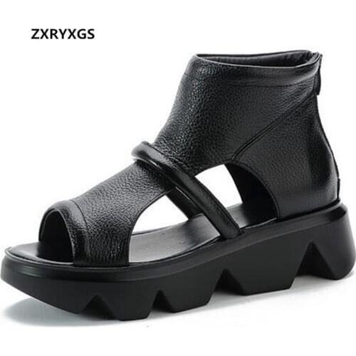 2021 New Roman Style Summer Fish Mouth Genuine Leather Sandals Summer Boots Women Sandals Platform Non-slip Increased Sandals