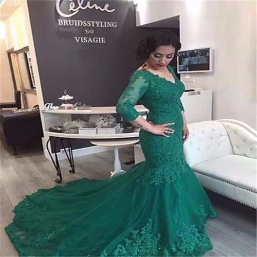 Vestidos de Noite Para a Festa Plus Size Formal Long Dresses Evening Gowns Green Lace Special Occasion Dresses Mermaid 2019 Gala