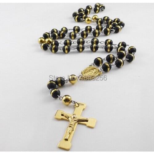 8mm Acrylic Beads 28''+5'' Rosary Chain Stainless Steel Jesus Crucifix Cross Buddhist Necklace Pendant Brand New Jewelry