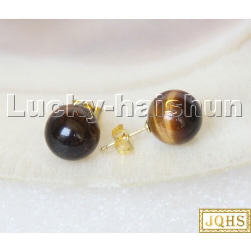 AAA natural Studs 10mm round Yellow Tigers eyes Earrings 14K gold post c295