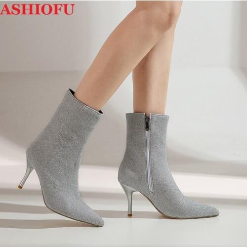 ASHIOFU Wholesale New 2020 FV-2 Womens Boots Special Leather Party Shinny Ankle Booties Evening Club Fashion Winter Boots Shoes