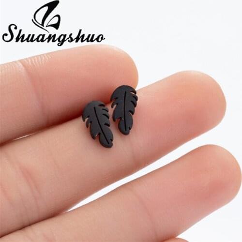 Shuangshuo Black Earrings Vintage Feather Shape Stud Earrings for Women Girls Leaf Stainless Steel Earring Friendship Gift