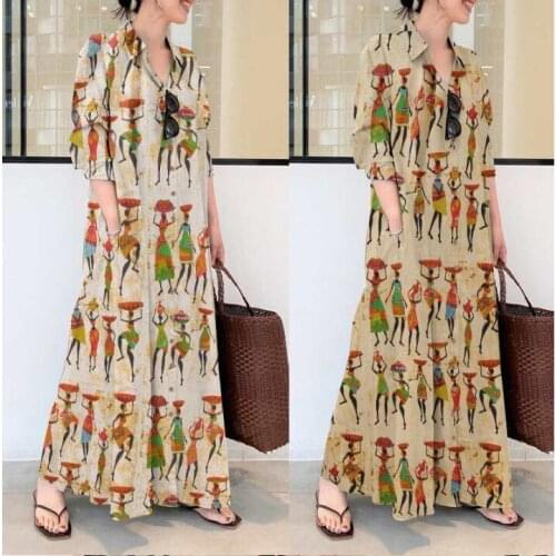 Leisure long sleeve lapel dress printed loose cardigan dress 2021 summer new high quality fashion elegant womens wear Vestidos