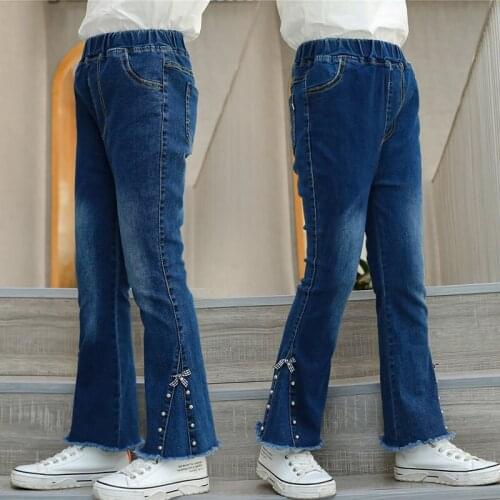 Teens Girl Jeans Denim Flared Bell-Bottom Spring Fall High Quality Solid Pants New Arrivals Kids Pearl Bead Bow Trousers 4-14Yrs