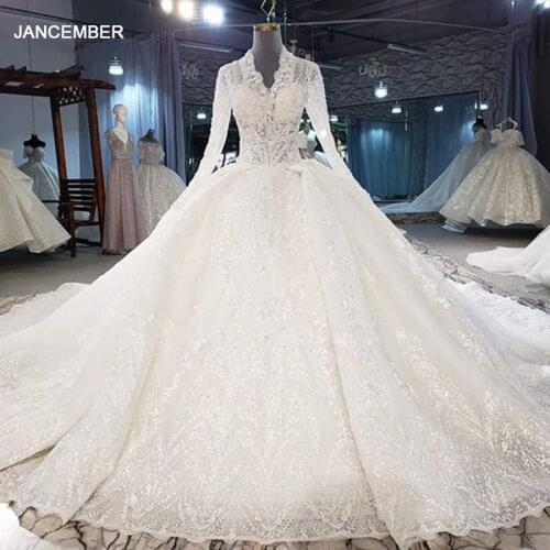 HTL2068 Luxurious Crystal Beading Sequined Wedding Dress 2021 For Woman Ball Gowns Long Sleeve Lace Up Back