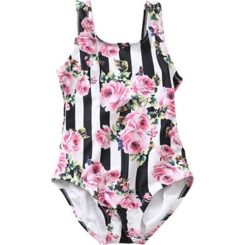 2021 New Summer Baby Girls Swimwear Striped Cartoon Rabbit Horse Flowers Swimsuit Children Clothes E081