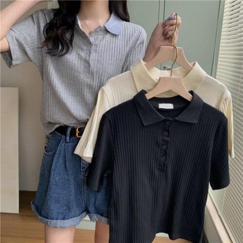 Summer new style Korean loose retro polo collar knitted short-sleeved T-shirt