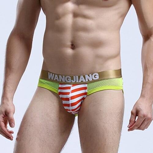 Men Sexy Gay Underwear Cotton mesh Underwear Striped Printed Gold Waistband Briefs Mesh Sexy Breathable Underpants