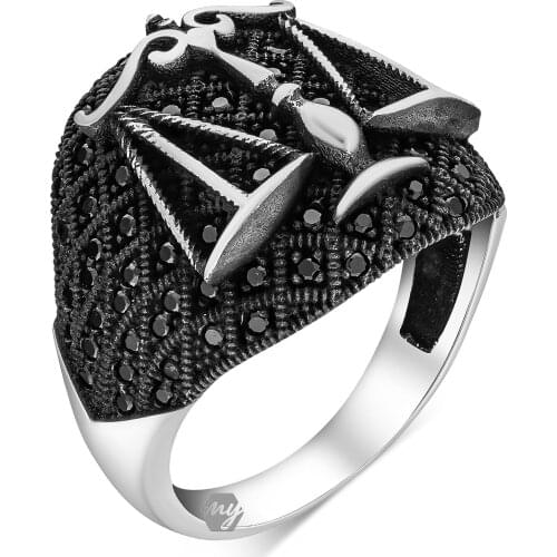 Solid 925 Sterling Silver Black Micro Stone Scales of Justice Mens Ring