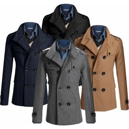 Mens Trench Coat Wool Blend Warm Reefer Jackets Double Breasted Peacoat 2019