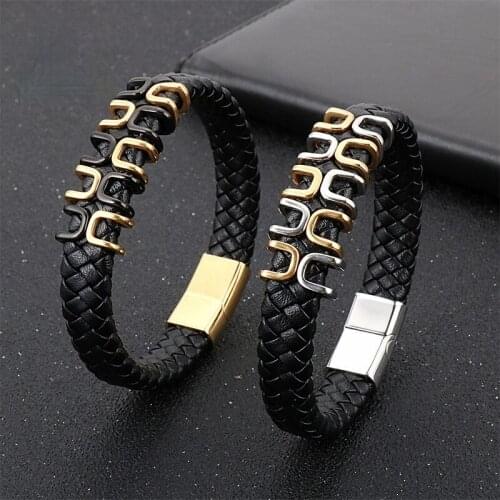 Neo-Gothic Stainless Steel Link Chain Charm Bracelet For Men 21.5cm Boho Braided Leather Wrap Bracelet Biker Jewelry For Man