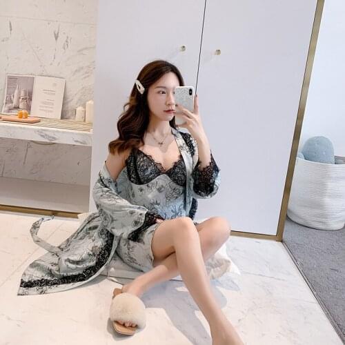 2021 New Nightdress Womens Summer Ice Thin Style with Bra and Suspender Nightdress Two Piece Printed Nightgown Women Lace