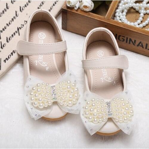 New Designs Girls Pearl Bowtie Flower Princess Shoes Microfiber Leather Shoes Handmade Children Shoes wedding party Dress shoes