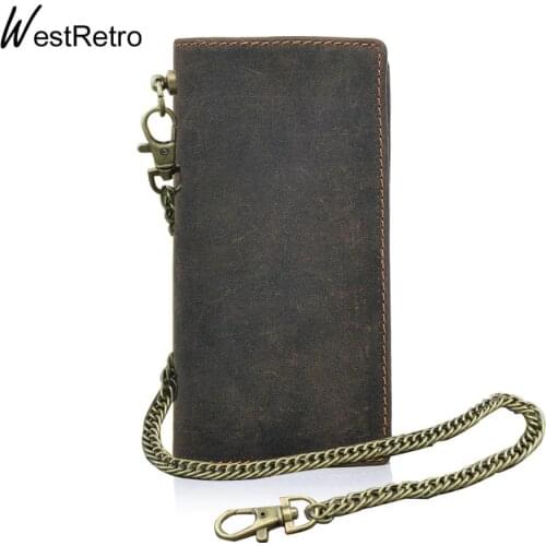 Retro Motorcycle Punk Biker Simple Bifold Long Leather Wallet with Chain For Men