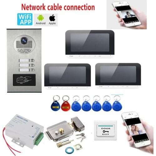RFID Access Unlock Video Intercom 7 Inch Monitor Network Cable Wired WIFI Video Doorbell Speake Phone Intercom IR Camera System