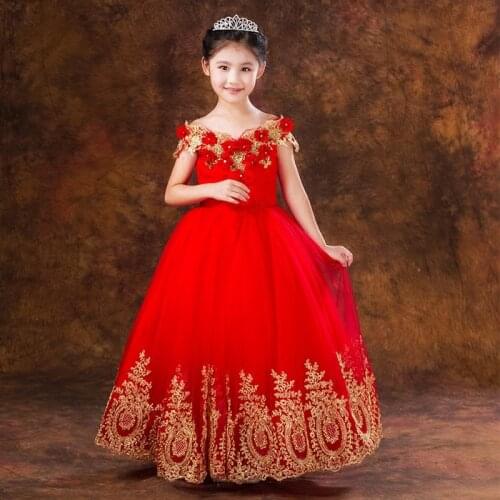 Luxurious Red Flower Girl Dress Girl Gold sequined sleeveless lace applique Dress Party birthday Princess Dress
