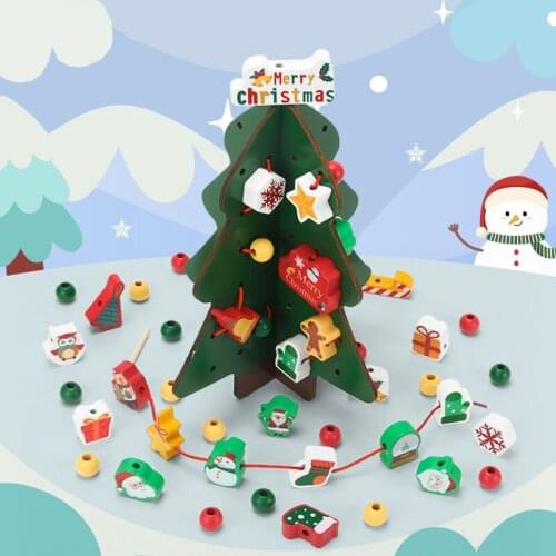 Christmas Wooden Toys Christmas Tree Dress Up Game Building Block Threading Stacking Montessori Education Toy Xmas Gift for Baby