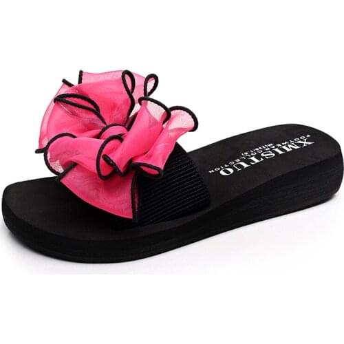 Slippers Stretch fabric Non-slip Open Toe Slippers with Bow Sandals Home Falts Beach Sandals Large size