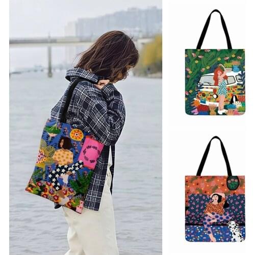 Hippie Fan Floral Skirt Girl Painting Print Bag For Women Casual Tote Ladies Shoulder Bag Outdoorbeach Bag Foldable Shopping Bag