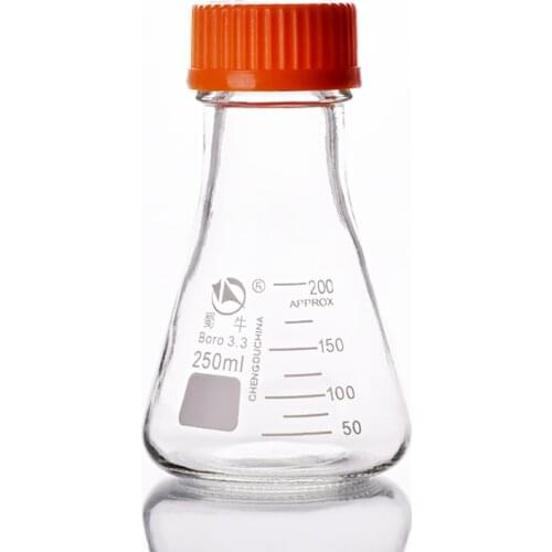 Thread river mouth triangle reagent bottle,With yellow screw cover,Borosilicate glass 3.3,Capacity 250ml,yellow cap