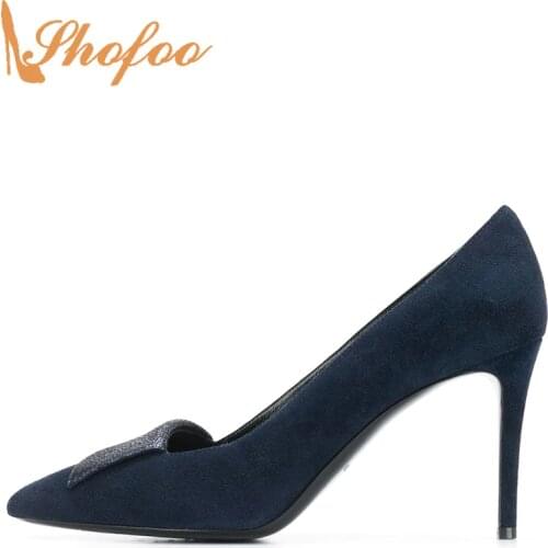 Navy blue Flock Pointed Toe High Thin Heels Pumps Woman Large Size 11 16Lady Fashion Turned-over Edge Office Mature Shoes Shofoo