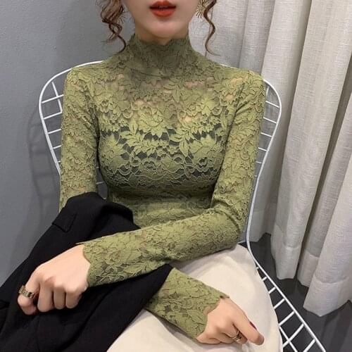 Womens Blouse Green Shirts Long Sleeves Hollow Out Lace Blouse Woemens Clothing 2021 O-Neck Blusas Y Camisas Femme Y2k Tops